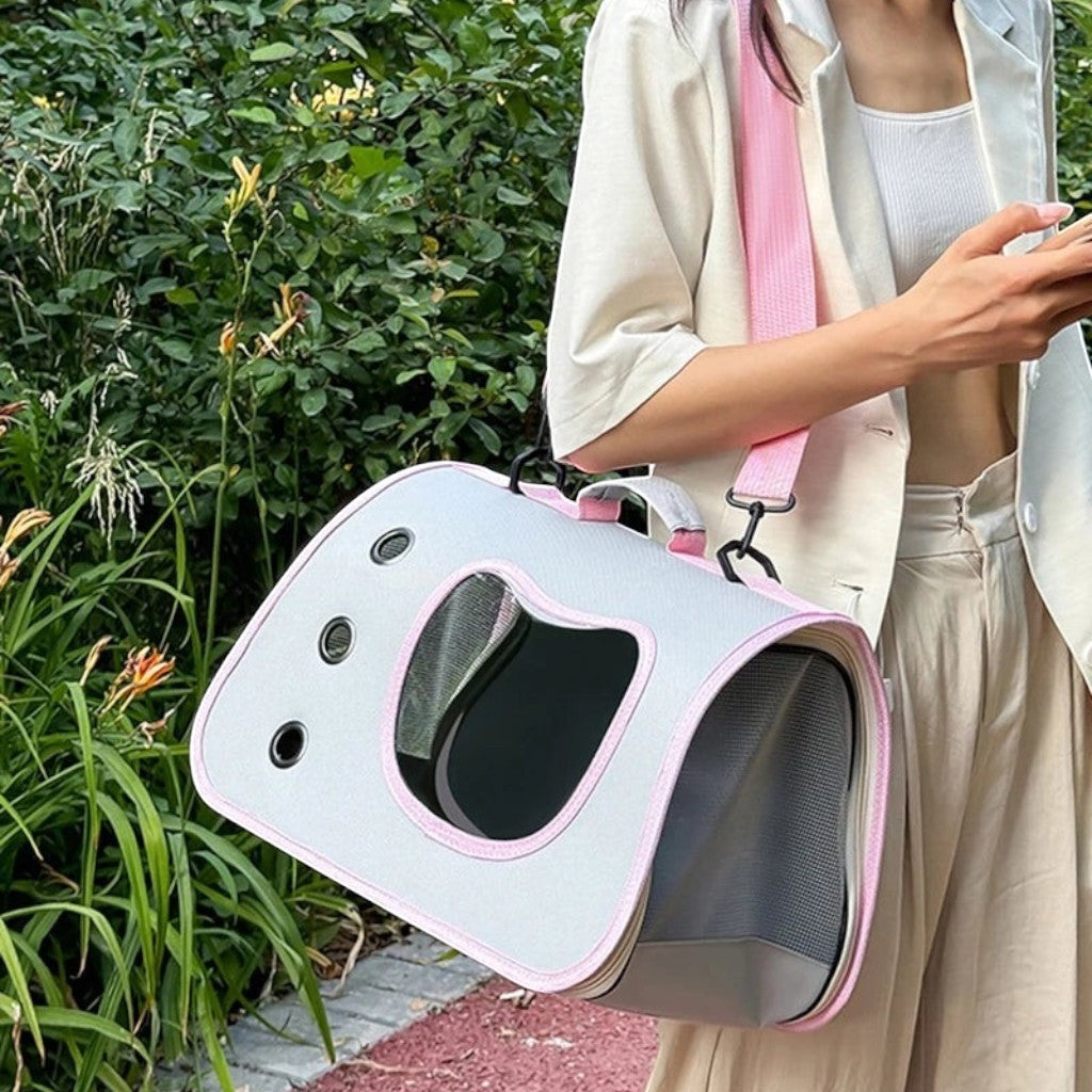 Sac de transport Esprit Chat blanc et rose en tissu Oxford pour petit chat ou chien avec ouverture latérale