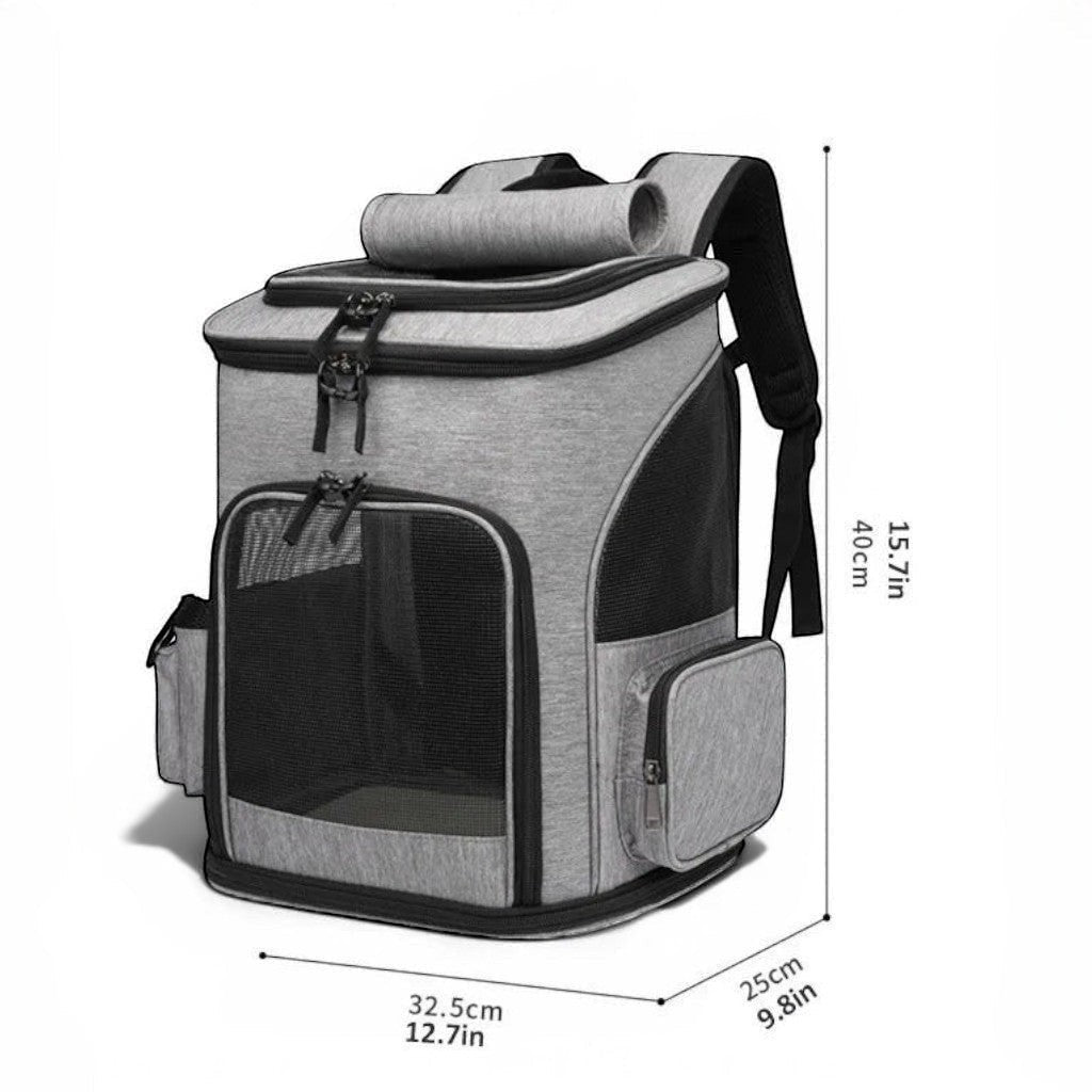 Sac de transport pliable pour chat Esprit Chat en nylon gris avec fenêtres en maille et poches latérales. Idéal pour les grands chats jusqu'à 6,5 kg.