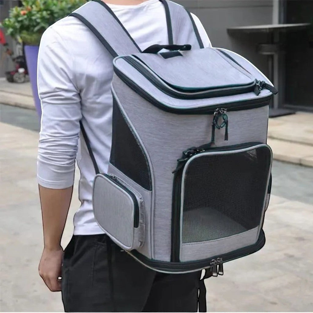 Sac de transport pliable pour chat Esprit Chat en nylon gris avec fenêtres en maille et poches zippées.
