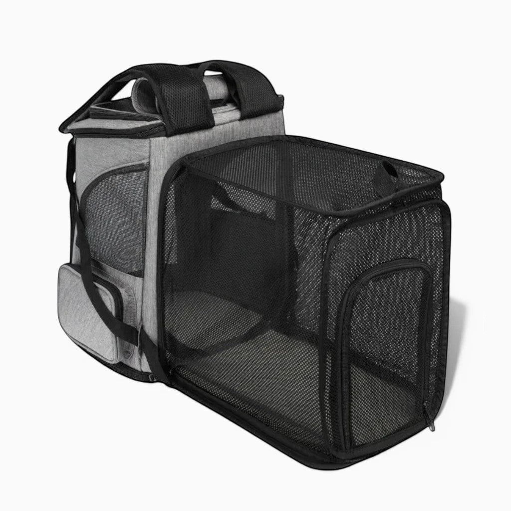 Sac de transport pliable en nylon gris pour chat, avec extension en maille noire, idéal pour les grands chats jusqu'à 6,5 kg.
