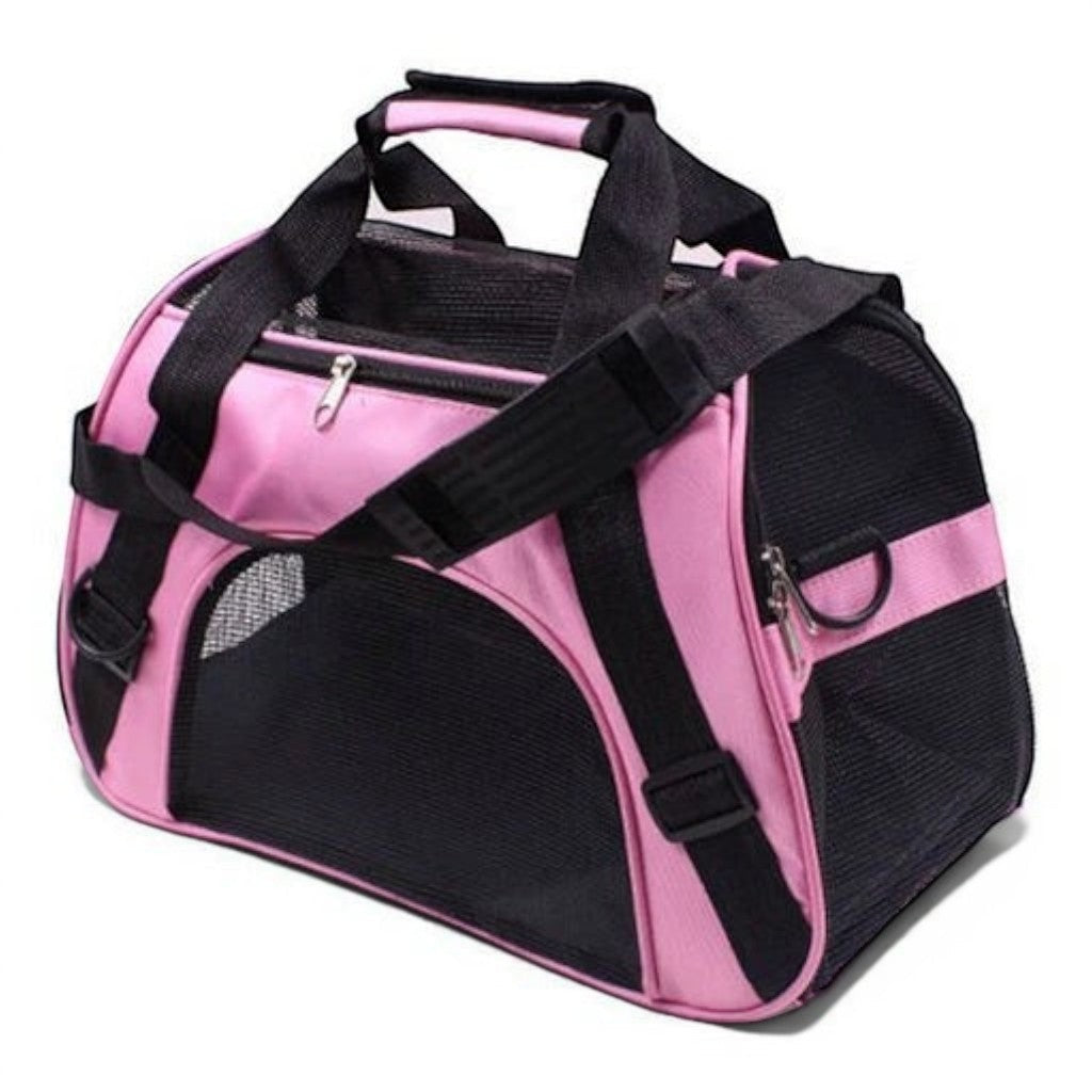 Sac de transport souple rose et noir en nylon pour chat, avec fermeture éclair et anses.