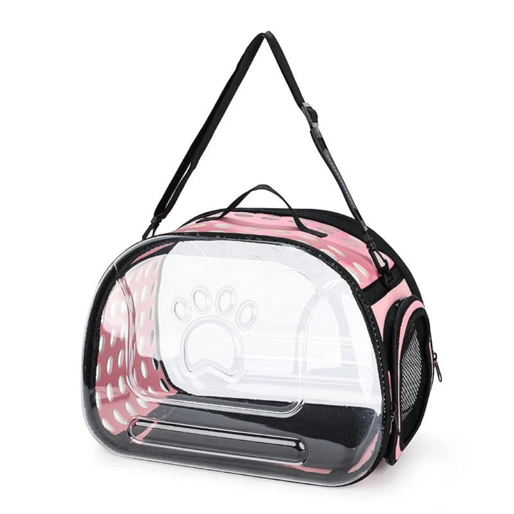 Sac de transport Esprit Chat rose et transparent pour chat, pliable avec fermeture éclair et parois respirantes.