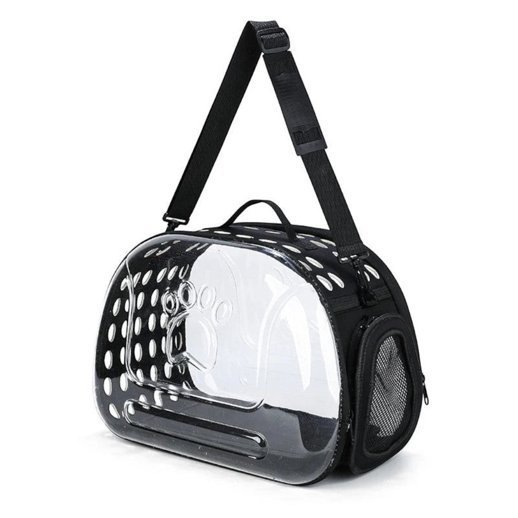 Sac de transport Esprit Chat transparent et noir en PVC pour chat avec bandoulière et aérations latérales