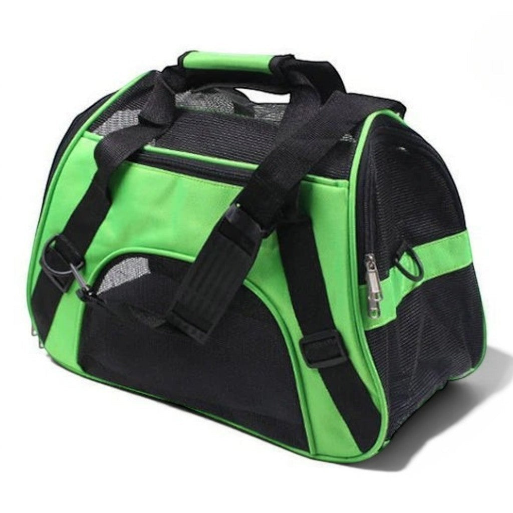 Sac de transport pour chat Esprit Chat, souple et pliable en nylon vert et noir avec fermeture éclair et bandoulière réglable.