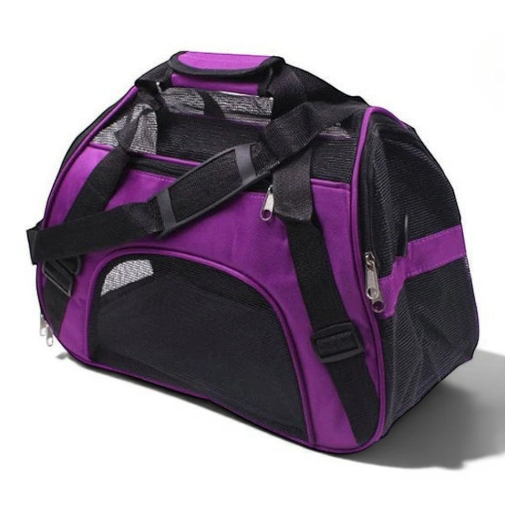 Sac de transport portable pour chat Esprit Chat, violet et noir, en nylon, avec aérations en maille et fermeture éclair.