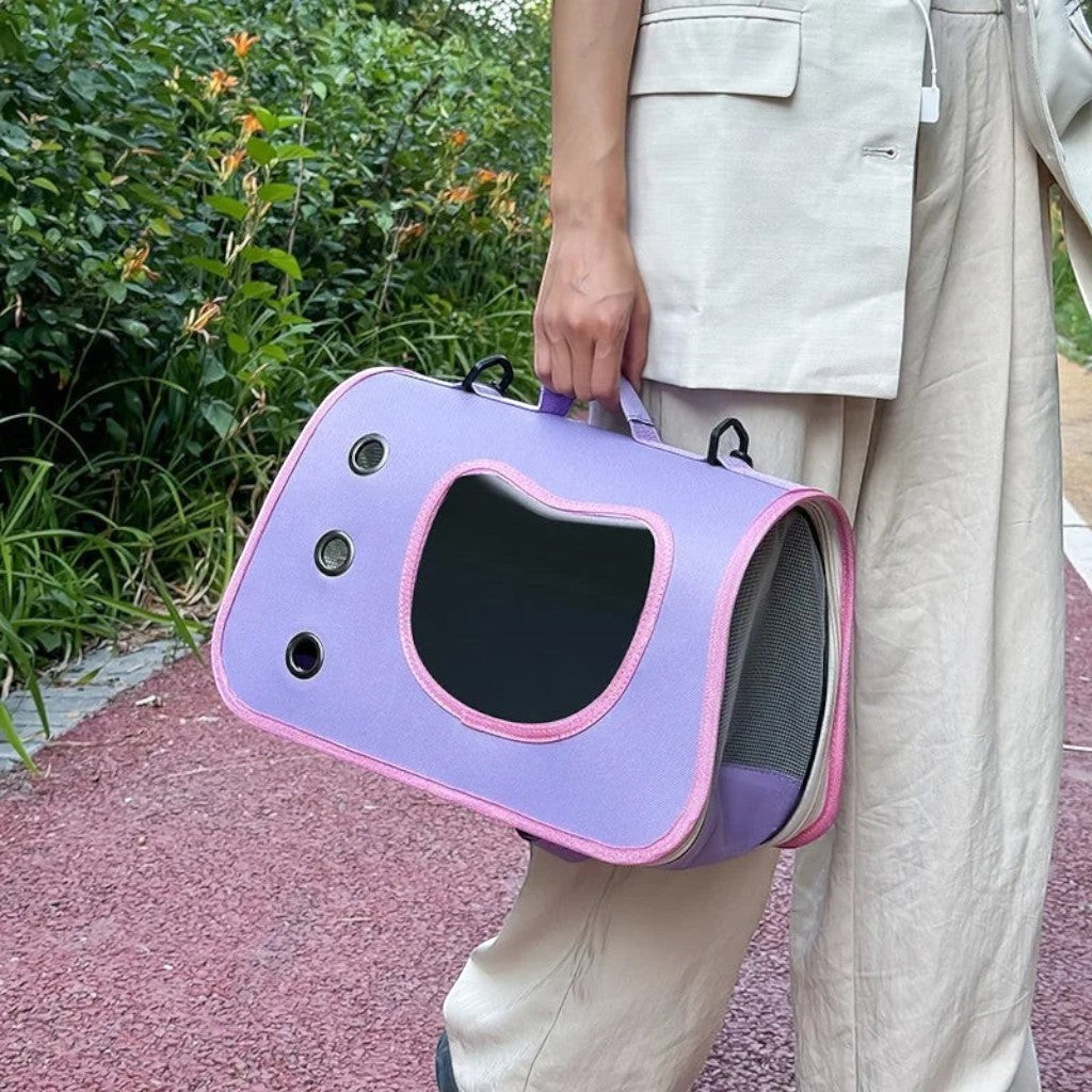 Sac de transport pour chat Esprit Chat violet en tissu Oxford avec fenêtre en forme de chat et aérations latérales