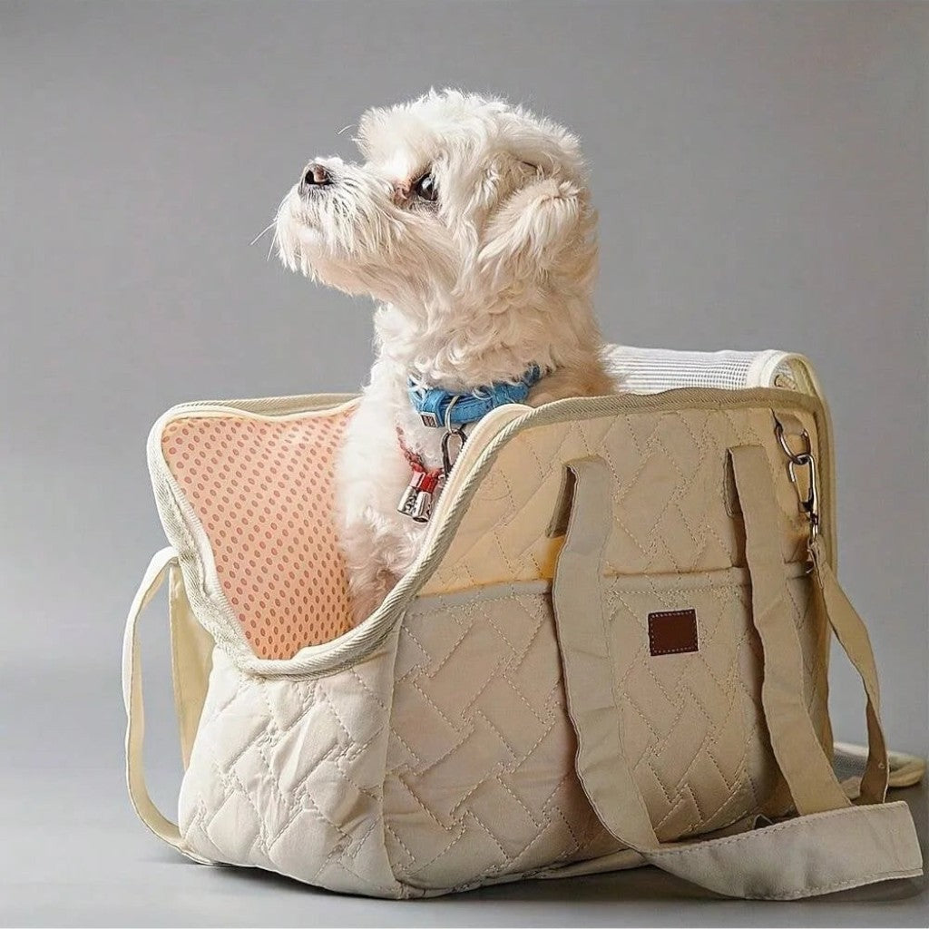 Sac de transport Esprit Chat beige matelassé pour petit chien ou chat, design respirant et confortable
