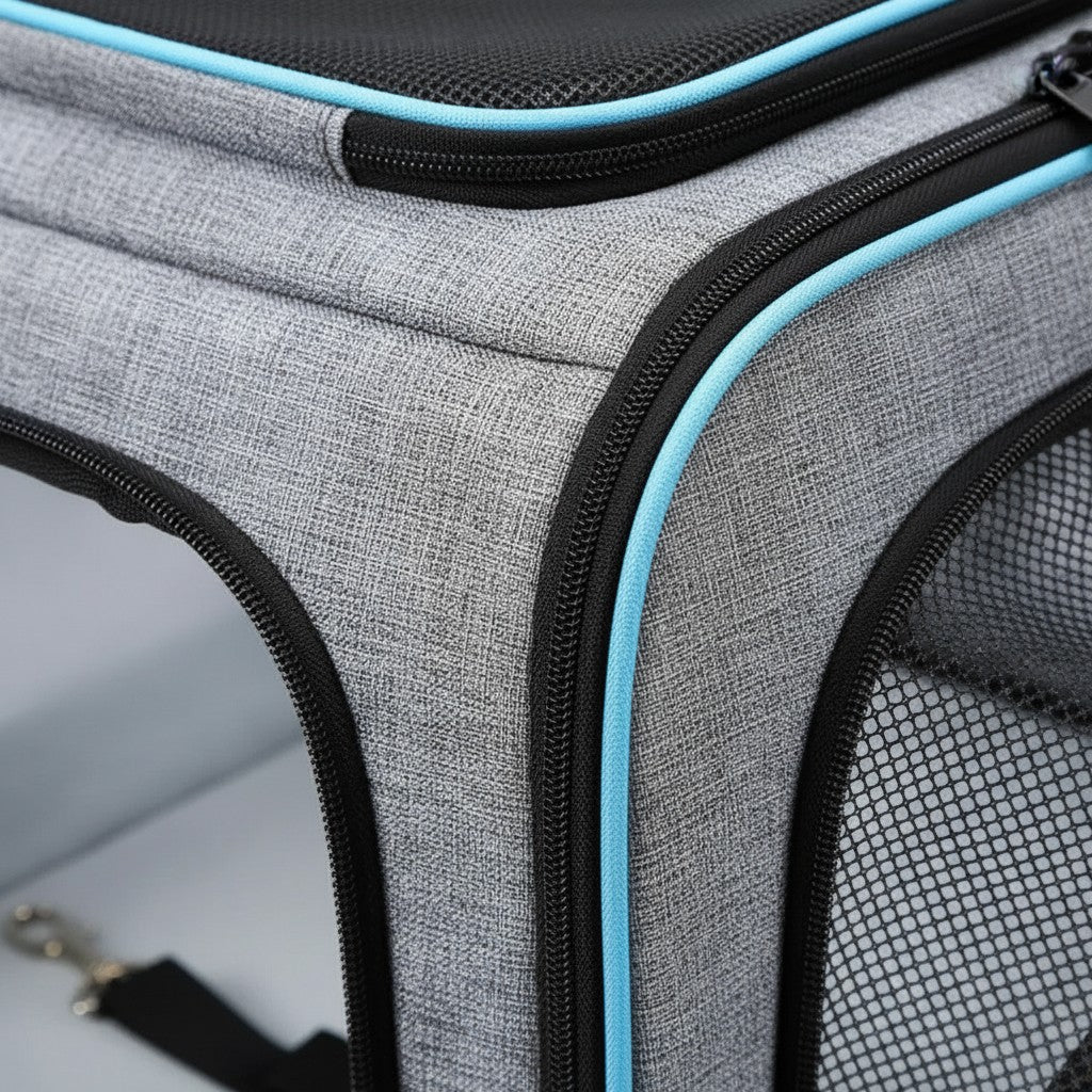 Sac de transport Esprit Chat extensible en nylon gris avec bordures bleu clair et panneaux en maille respirante