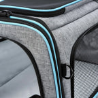 Sac de transport Esprit Chat extensible en nylon gris avec bordures bleu clair, fermeture éclair et filet aéré