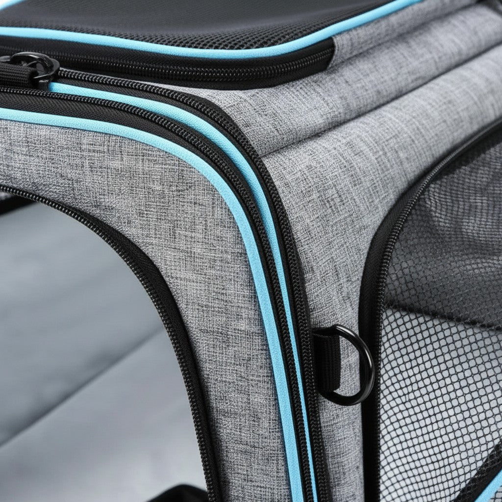 Sac de transport Esprit Chat extensible en nylon gris avec bordures bleu clair, fermeture éclair et filet aéré