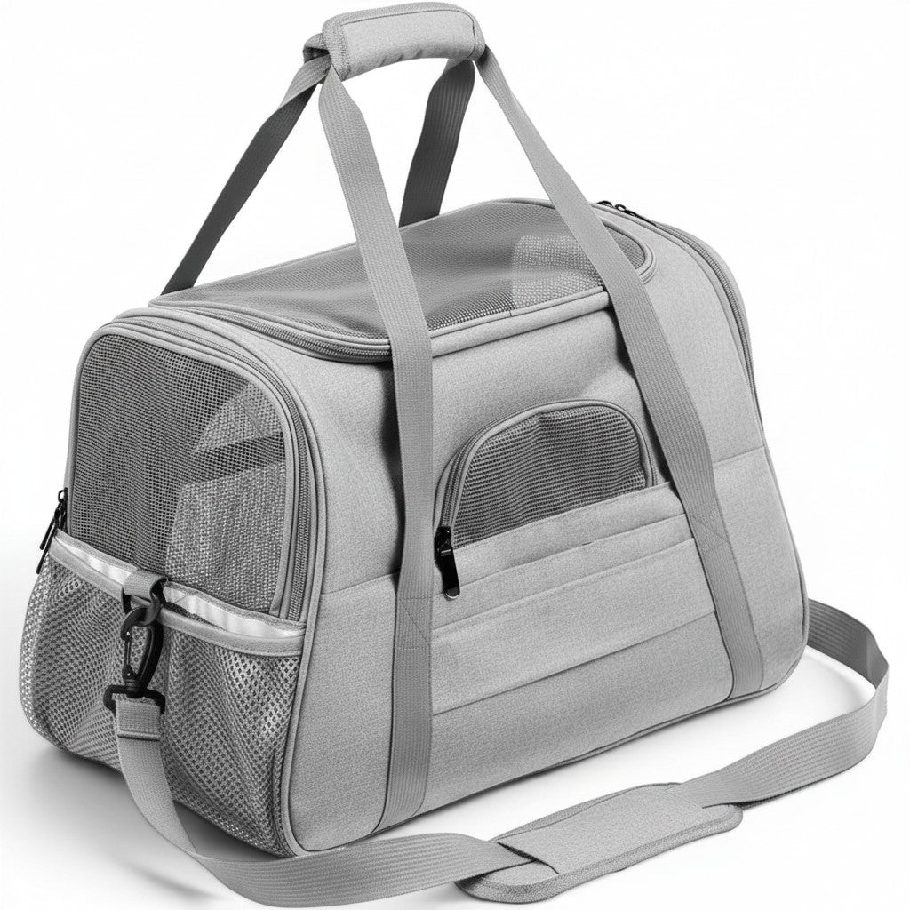 Sac de transport Esprit Chat gris pour chat, modèle souple avec fenêtres en filet et fermeture éclair pratique
