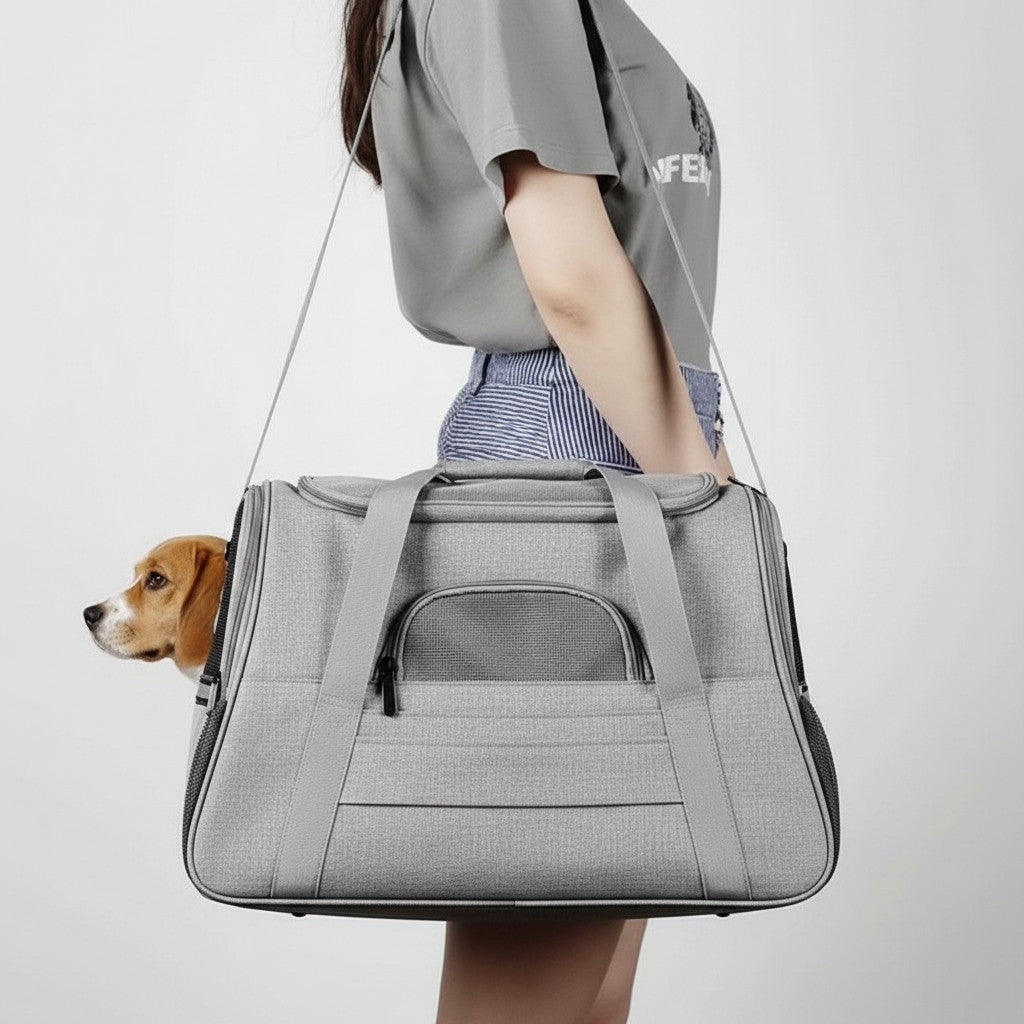 Sac de transport souple Esprit Chat en tissu oxford gris pour chat ou petit chien avec fermeture éclair