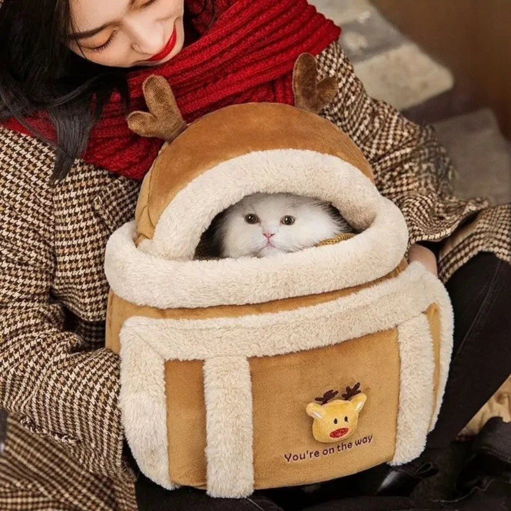 Sac de transport Esprit Chat en coton doux marron avec motif renne pour chaton, design chaud et coupe-vent pour l'hiver