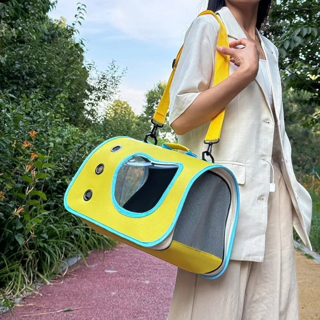 Sac de transport Esprit Chat jaune et bleu pour petit animal avec fenêtre transparente et bandoulière réglable
