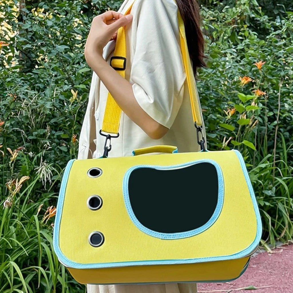 Sac de transport Esprit Chat jaune et bleu pour petit animal avec bandoulière réglable et ouvertures respirantes