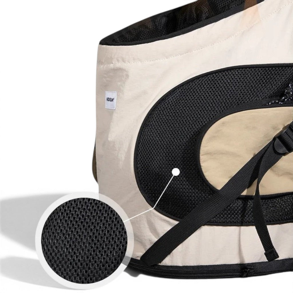 Sac de transport Esprit Chat pliable en nylon beige avec empiècements en maille filet noire pour chiens et chats