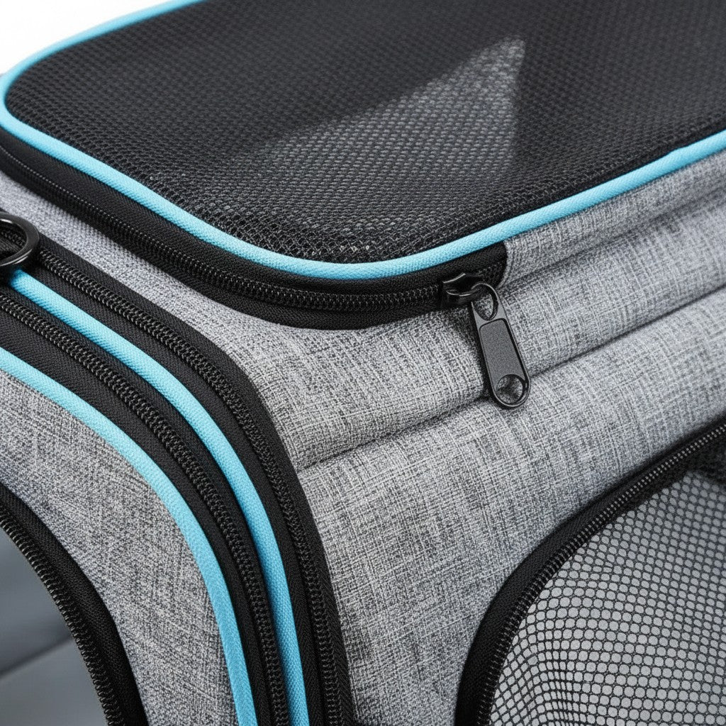 Sac de transport Esprit Chat extensible en nylon gris avec finitions bleu clair, fermeture éclair et filet aéré