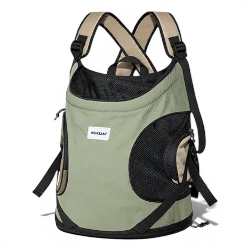 Sac à dos de transport Esprit Chat en nylon vert et beige pour chiens et chats avec bretelles ajustables et filet
