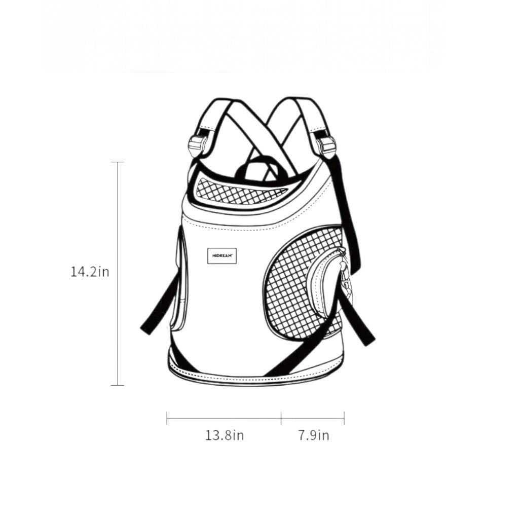 Schéma technique du sac à dos de transport Esprit Chat en nylon pour chiens et chats avec dimensions indiquées