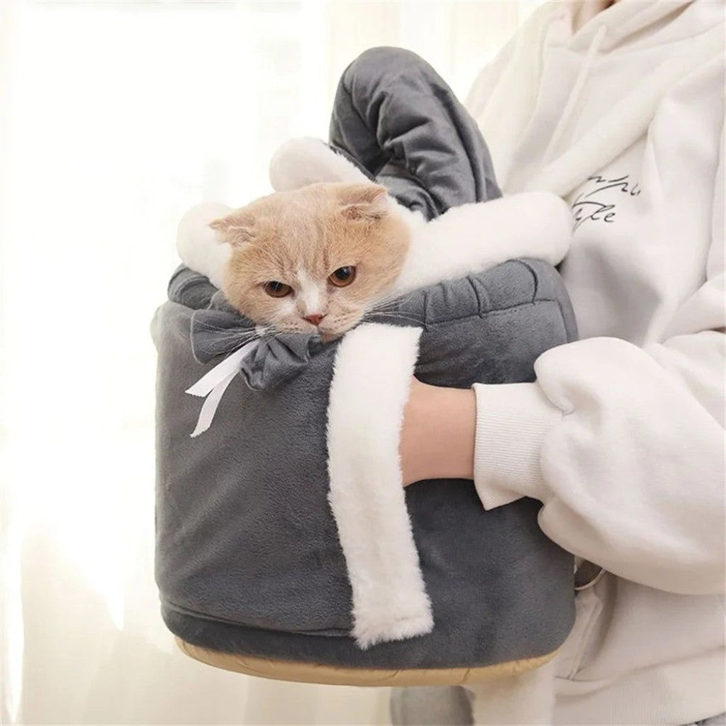 Sac de transport Esprit Chat en velours gris pour petit chat, style bandoulière confortable pour l'automne et l'hiver