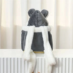 Sac de transport Esprit Chat en velours gris avec capuche oreilles d'ours et écharpe en fausse fourrure blanche