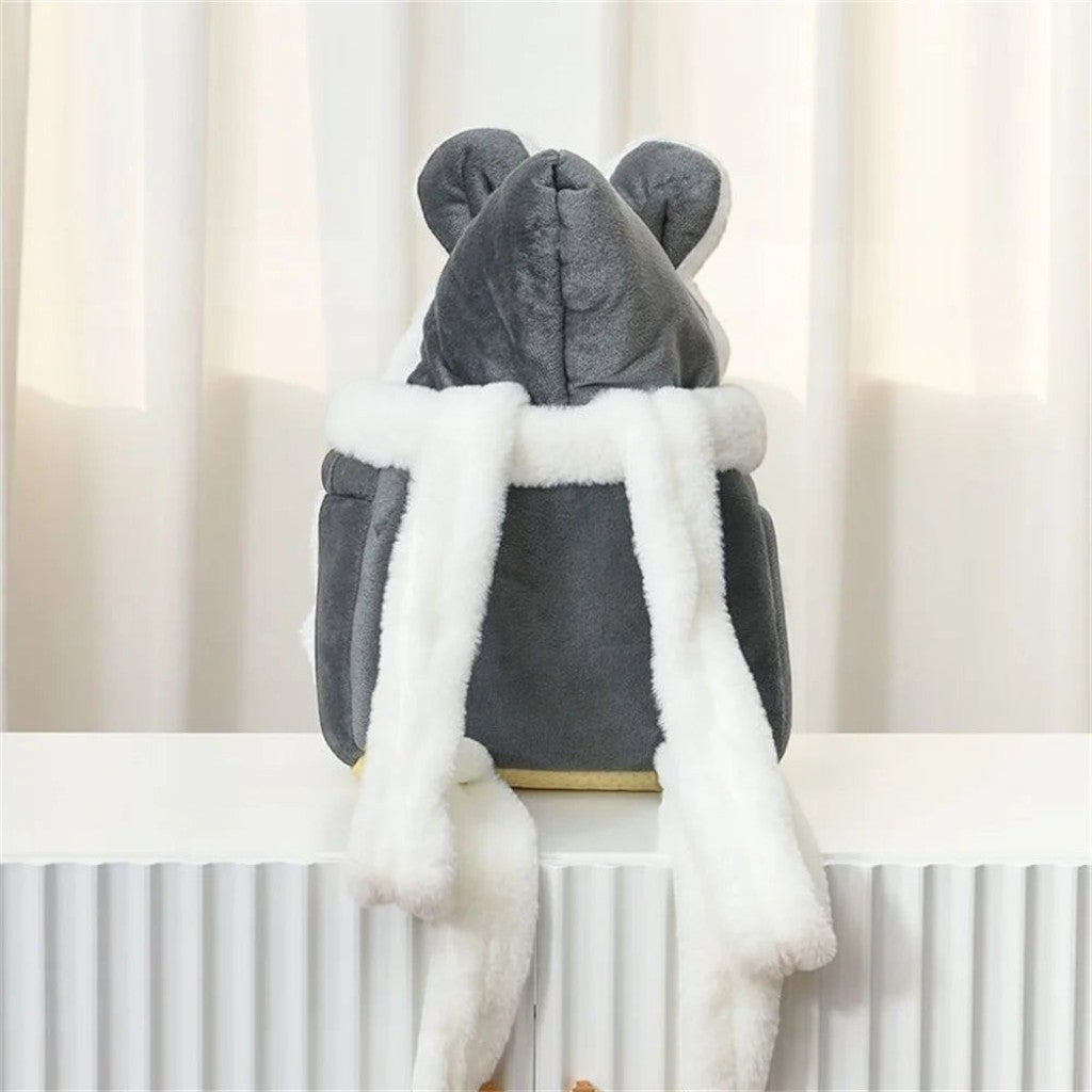Sac de transport Esprit Chat en velours gris avec capuche oreilles d'ours et écharpe en fausse fourrure blanche