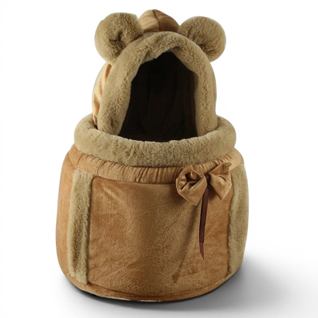 Sac de transport Esprit Chat en velours marron avec oreilles d'ours pour petit animal, style doux et confortable.