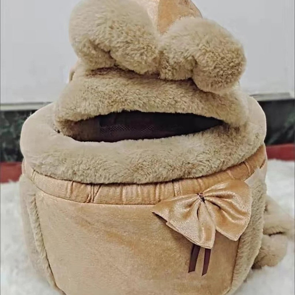 Sac de transport Esprit Chat en velours marron pour petit animal avec oreilles décoratives et nœud papillon