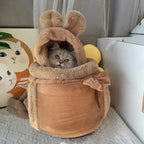 Sac de transport Esprit Chat en velours marron avec capuche oreilles d'ours pour petit chat ou chiot