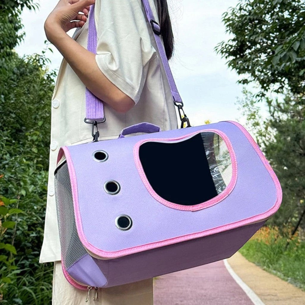 Sac de transport Esprit Chat violet et rose en tissu Oxford avec fenêtre en forme de tête de chat pour petits animaux