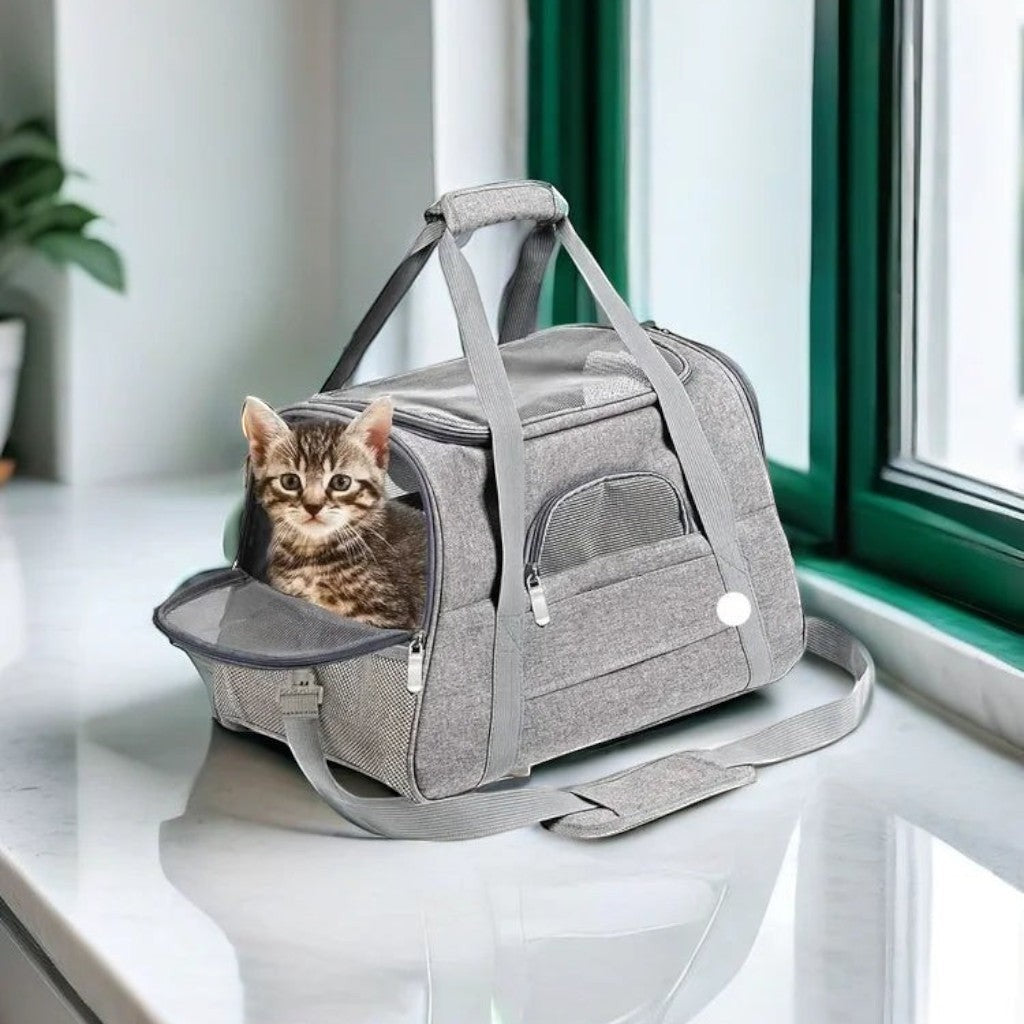 Sac de transport souple Esprit Chat en tissu oxford gris avec un chaton à l'intérieur, idéal pour les voyages.