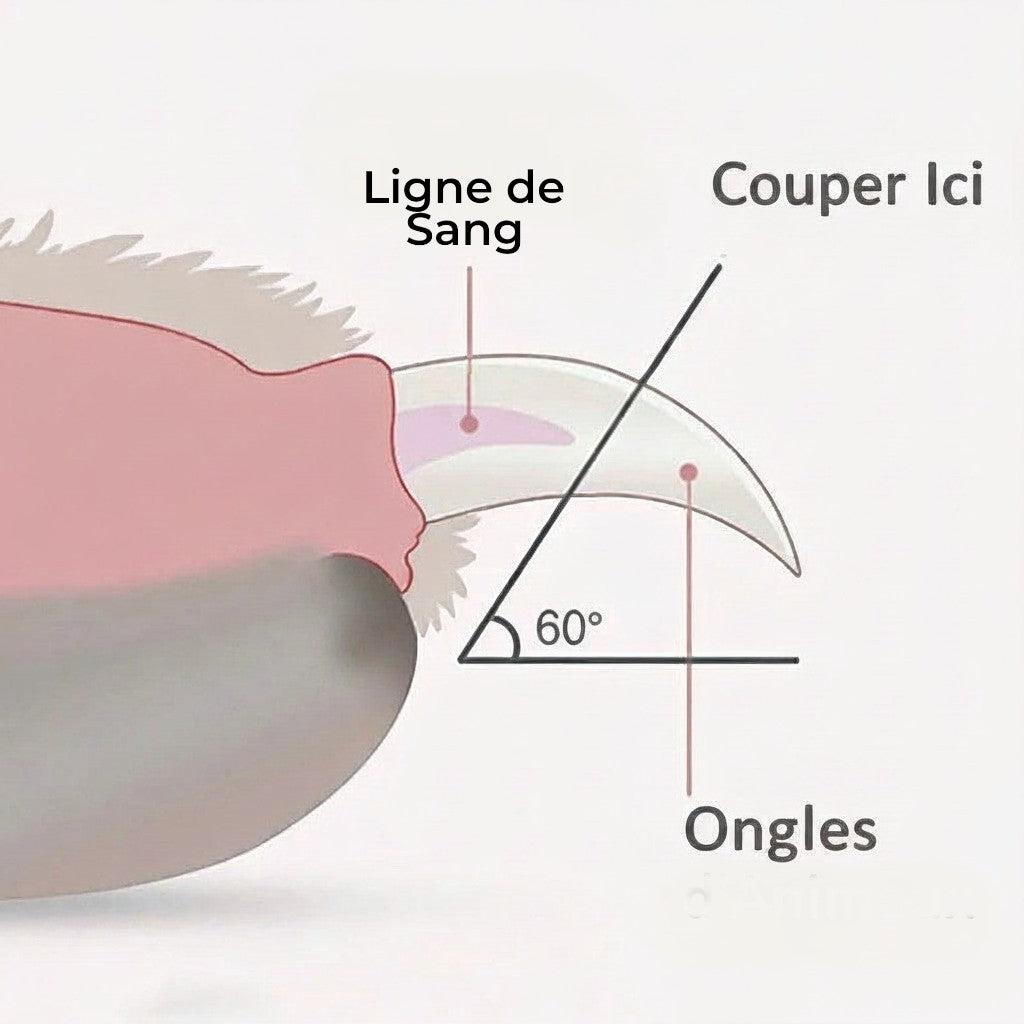 Schéma explicatif Esprit Chat montrant l'angle de coupe sécurisé à 60 degrés pour les griffes d'animaux