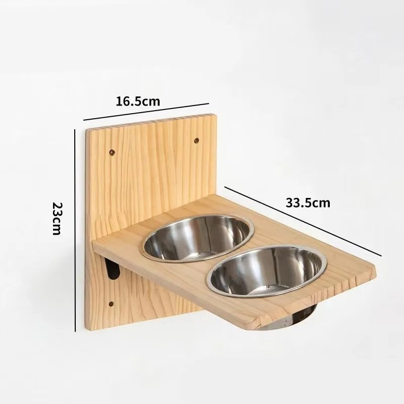 Support mural Esprit Chat en bois naturel avec deux gamelles en acier inoxydable pour chat