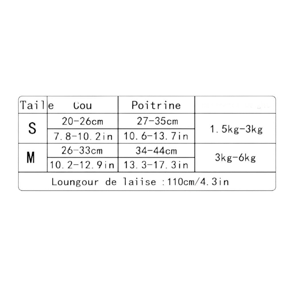 Tableau des tailles Esprit Chat pour harnais et laisse de chat avec mesures du cou et de la poitrine en cm et pouces