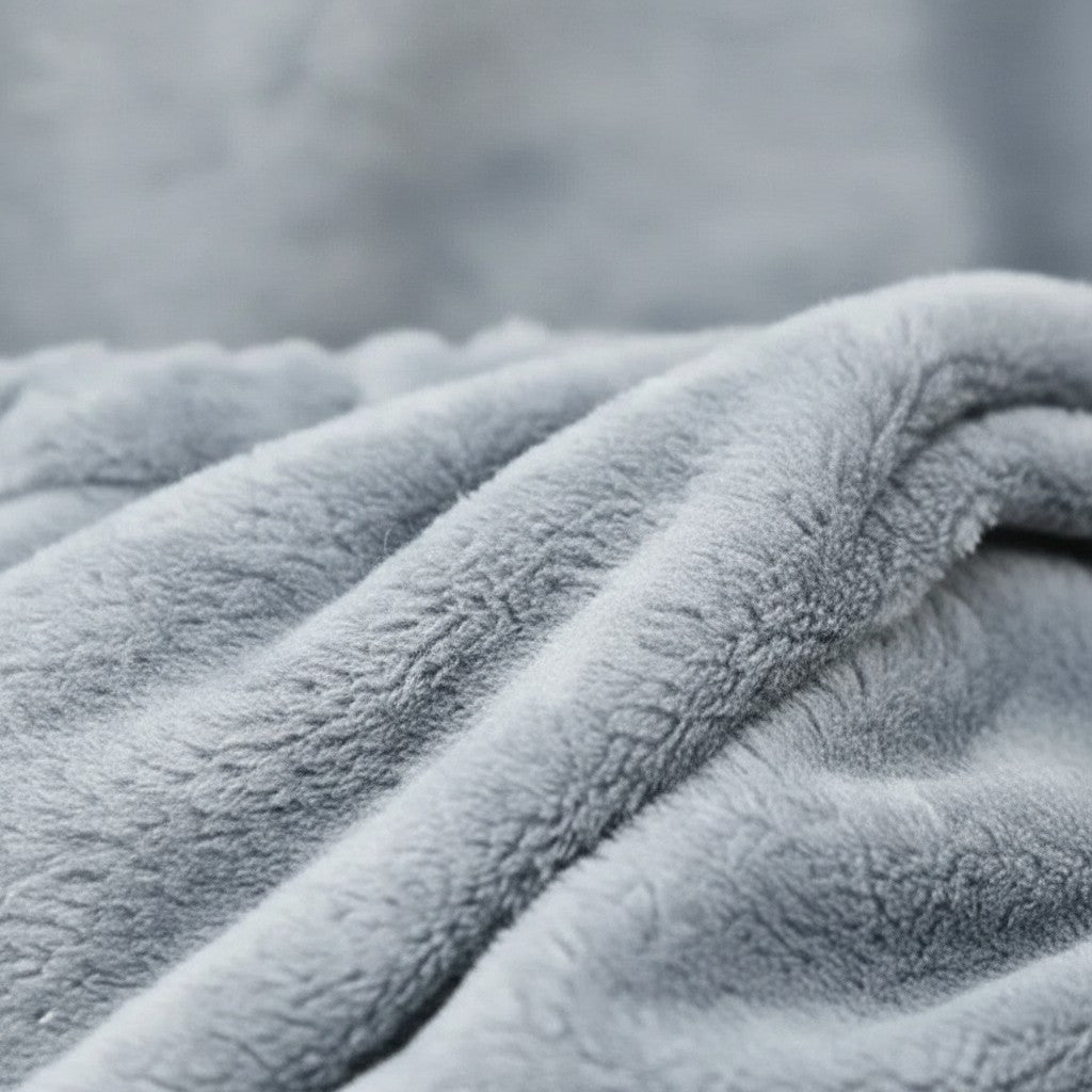 Gros plan sur le tissu en coton gris doux et pelucheux du tablier de transport pour chat Esprit Chat