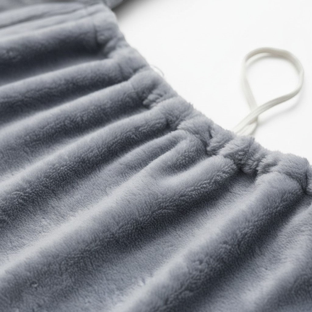 Gros plan sur le tissu en coton gris doux et pelucheux du tablier de transport pour chat Esprit Chat