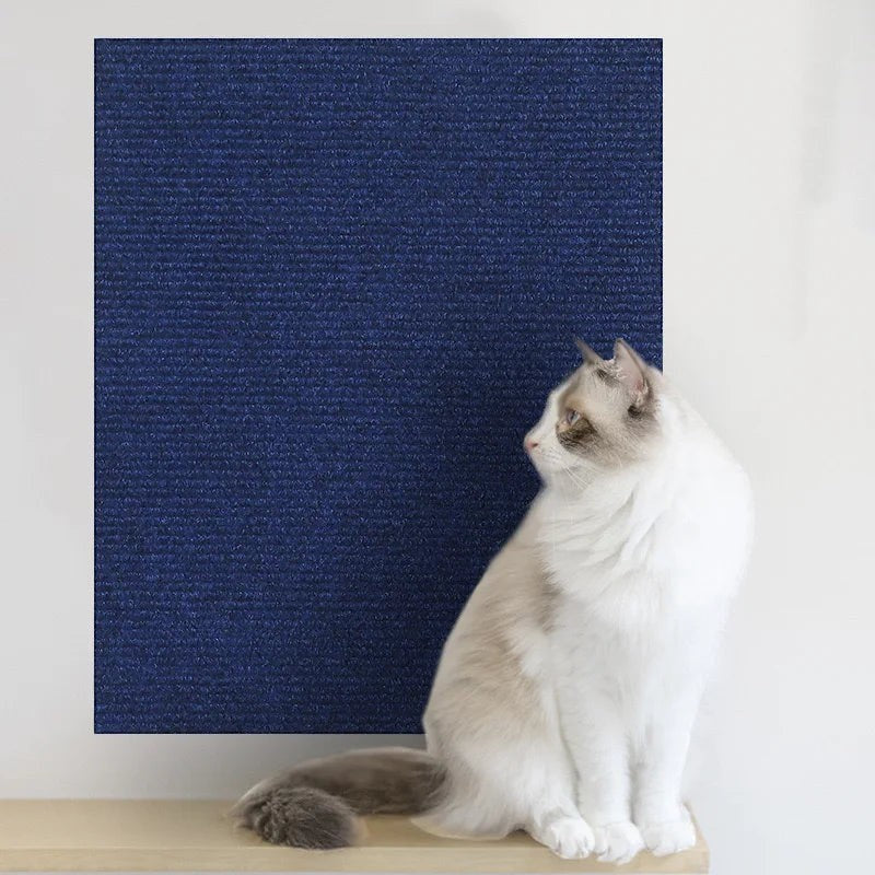 Tapis griffoir bleu Esprit Chat pour protéger le canapé, en nylon résistant et autocollant, avec un chat posé devant.