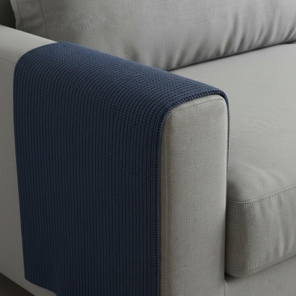 Tapis griffoir Esprit Chat bleu marine en nylon pour protéger l'accoudoir d'un canapé gris contre les griffes