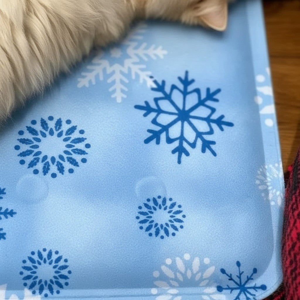 Tapis rafraîchissant Esprit Chat bleu avec motifs de flocons de neige pour le confort estival de votre animal