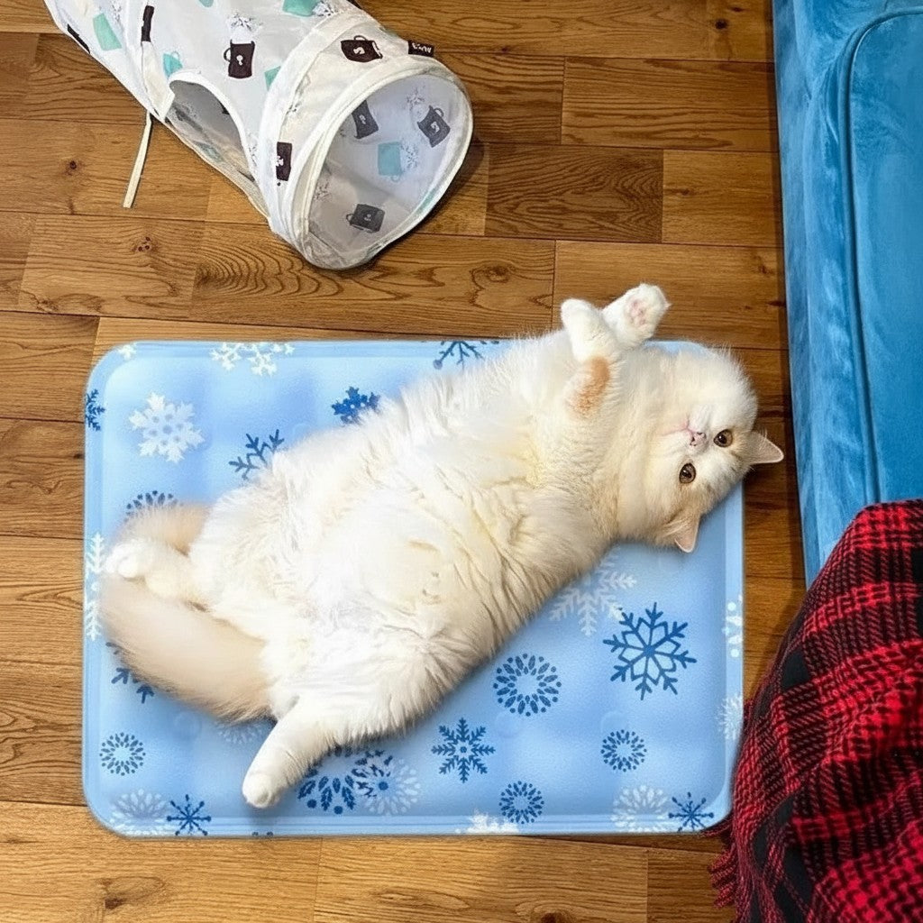 Chat blanc allongé sur un tapis rafraîchissant bleu Esprit Chat avec des motifs de flocons de neige