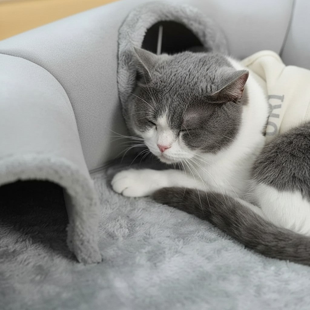 Chat gris et blanc dormant confortablement dans un tapis tunnel Esprit Chat en polaire corail douce et grise