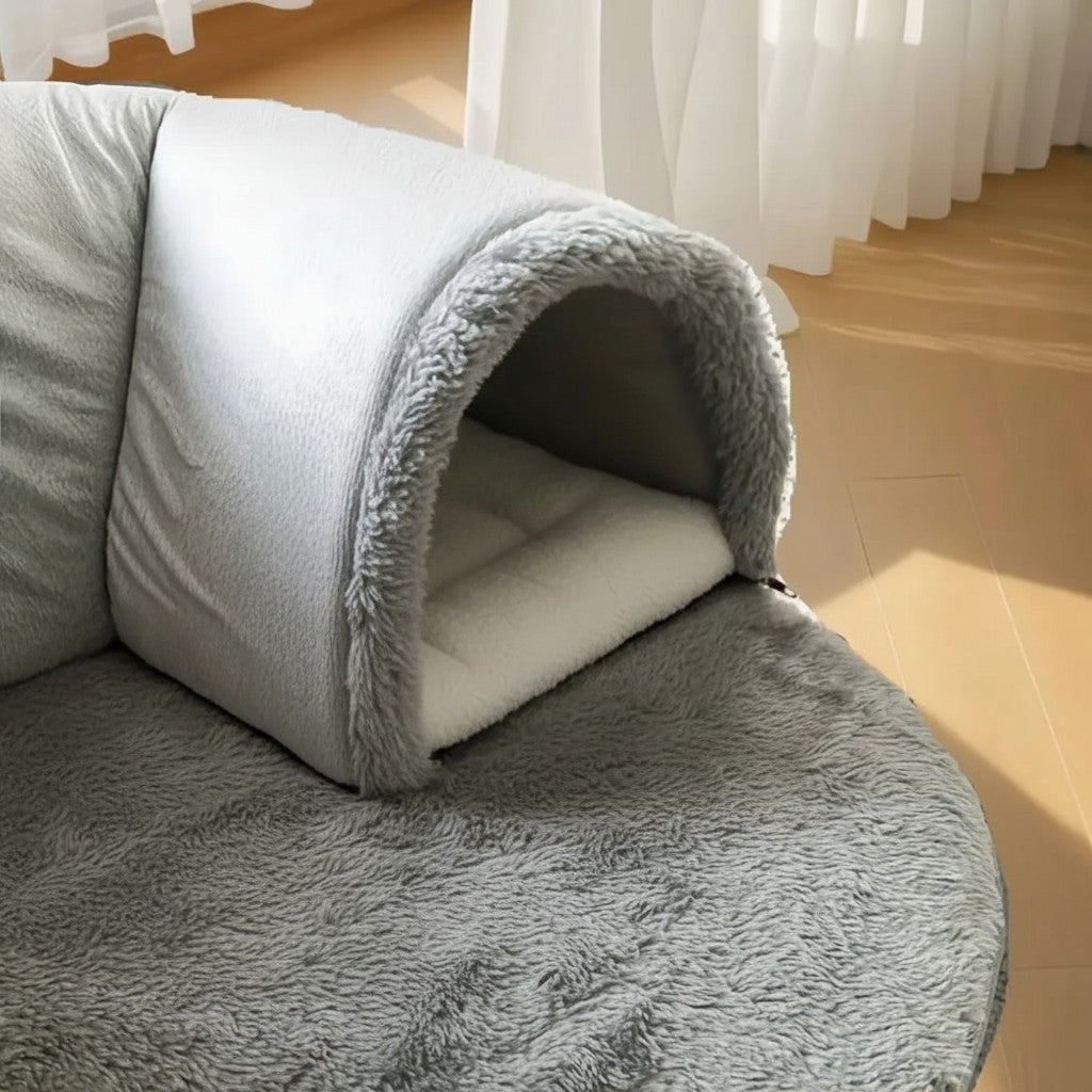 Tapis tunnel Esprit Chat gris en polaire douce pour le repos et le jeu des chats, design confortable et douillet
