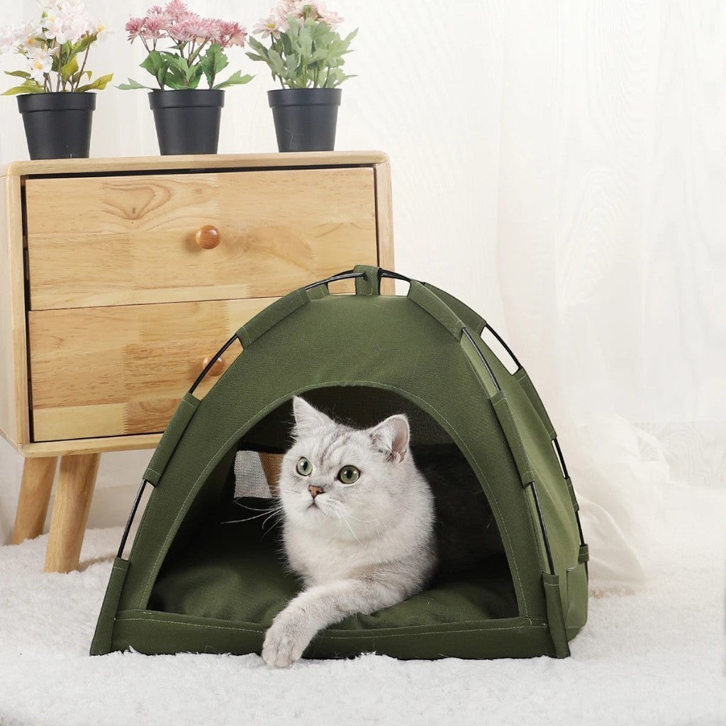 Tente panier pour chat Esprit Chat vert olive en PU respirant pour un couchage confortable et chaleureux