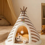 Tente Esprit Chat rayée beige et blanche en peluche douce avec coussin intérieur pour le confort de votre chat