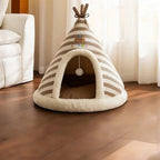 Tente Esprit Chat pour chat en peluche beige et blanche à rayures avec coussin intérieur confortable