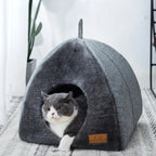 Tente pour chat Esprit Chat en velours gris confortable avec un chat British Shorthair à l'intérieur