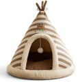 Tipi Esprit Chat pour chat en peluche beige à rayures avec coussin intérieur confortable et motif ours brodé