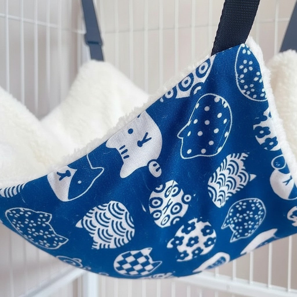 Toile pour hamac Esprit Chat bleue avec motifs de chats blancs, intérieur en fibre douce et respirante