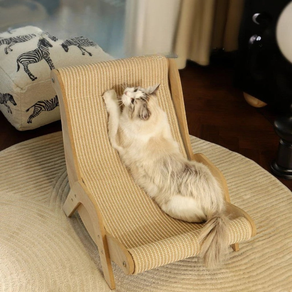 Chat Ragdoll allongé sur un transat griffoir en sisal Esprit Chat avec structure en bois clair dans un salon