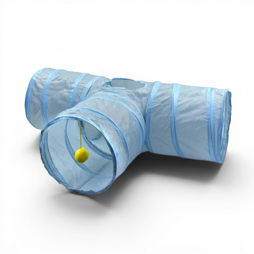 Tunnel à chat bleu en nylon Esprit Chat avec trois entrées et une balle suspendue pour le jeu interactif